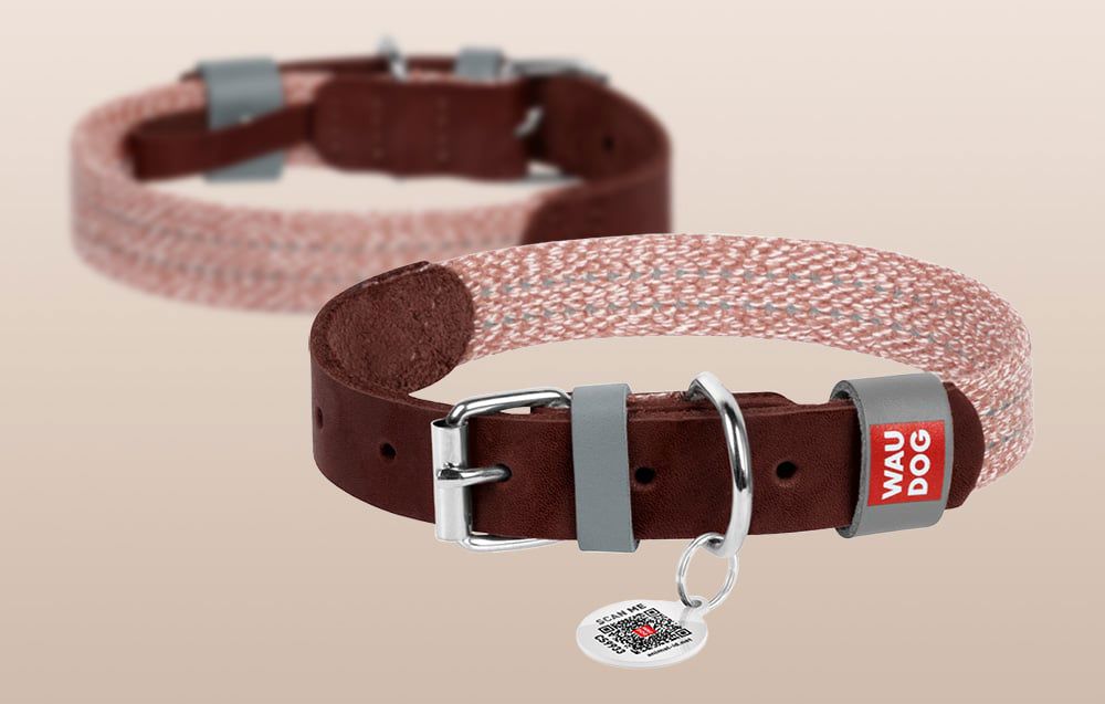 Dog collar made of natural leather and recycled material with QR code Waudog size L, width 25 mm, brown