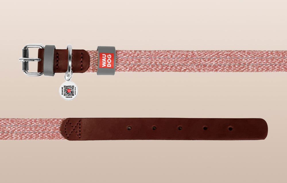 Dog collar made of natural leather and recycled material with QR code Waudog size L, width 25 mm, brown