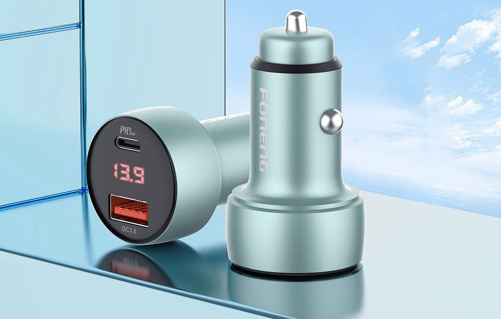 Foneng C18 1xUSB-A, 1xUSB-C 2.4A 48W car charger (grey) + USB-C to USB-C cable