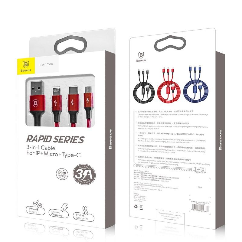 Baseus Rapid USB cable 3in1 Type C / Lightning / Micro 3A 1,2M (red)