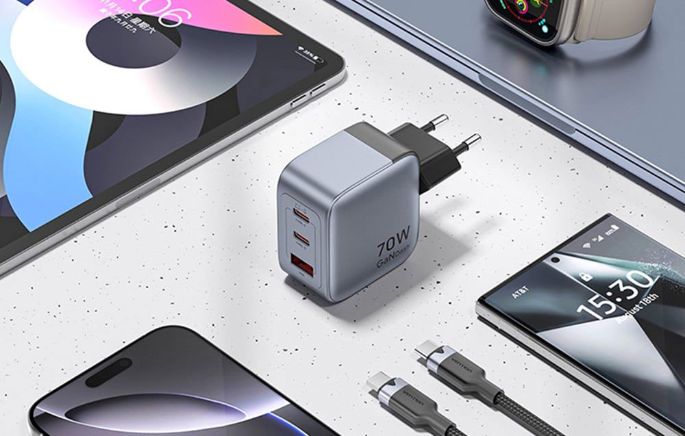 GaN Vention USB-C+C+A 70W Charger + USB-C-C Cable 1m (Gray)