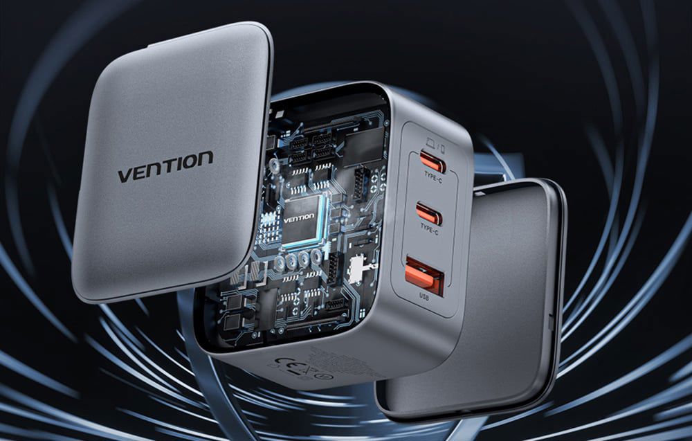 GaN Vention USB-C+C+A 70W Charger + USB-C-C Cable 1m (Gray)